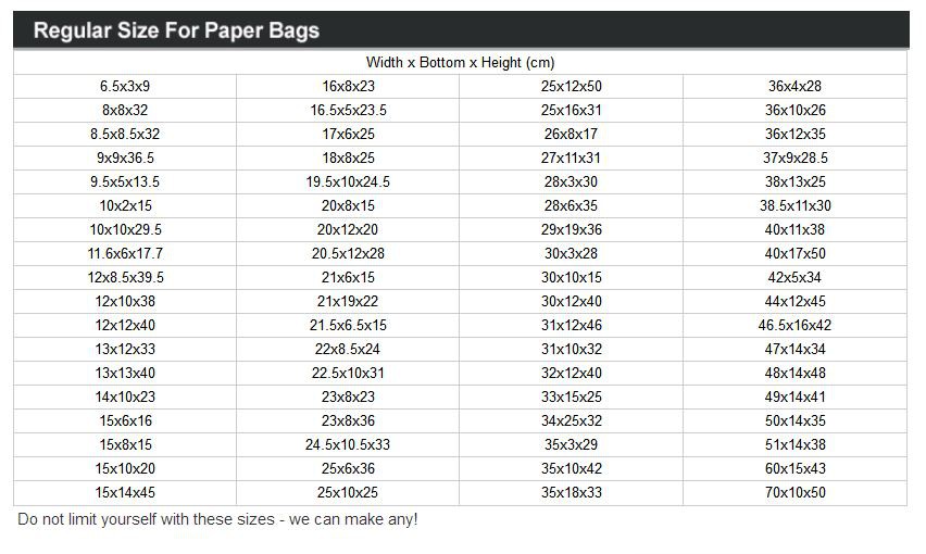 regular size for paper bag